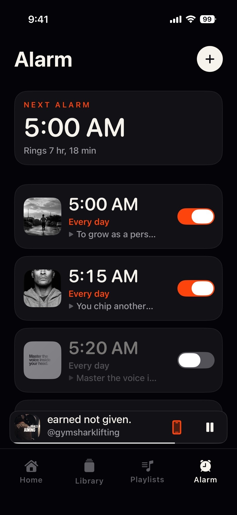 Reelign alarm screen with morning alarms that each play a chosen reel