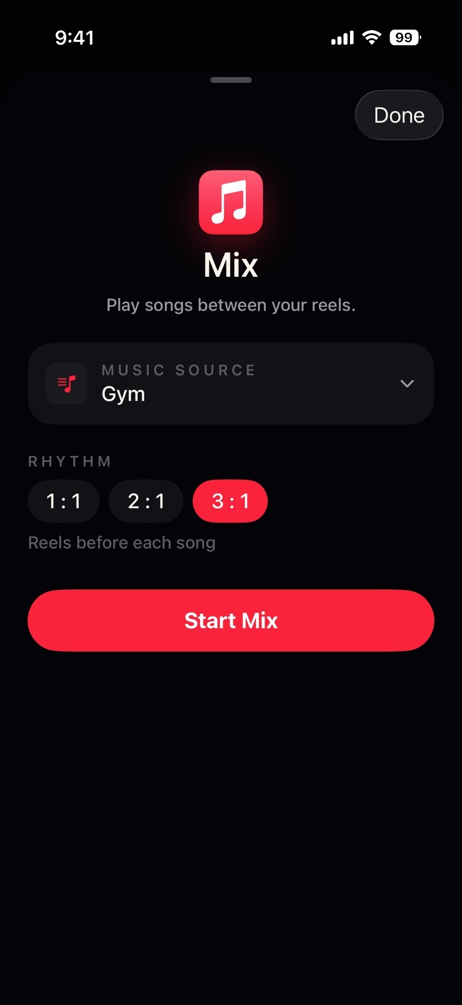 Reelign Mix setup: an Apple Music playlist as the source and a rhythm of reels before each song