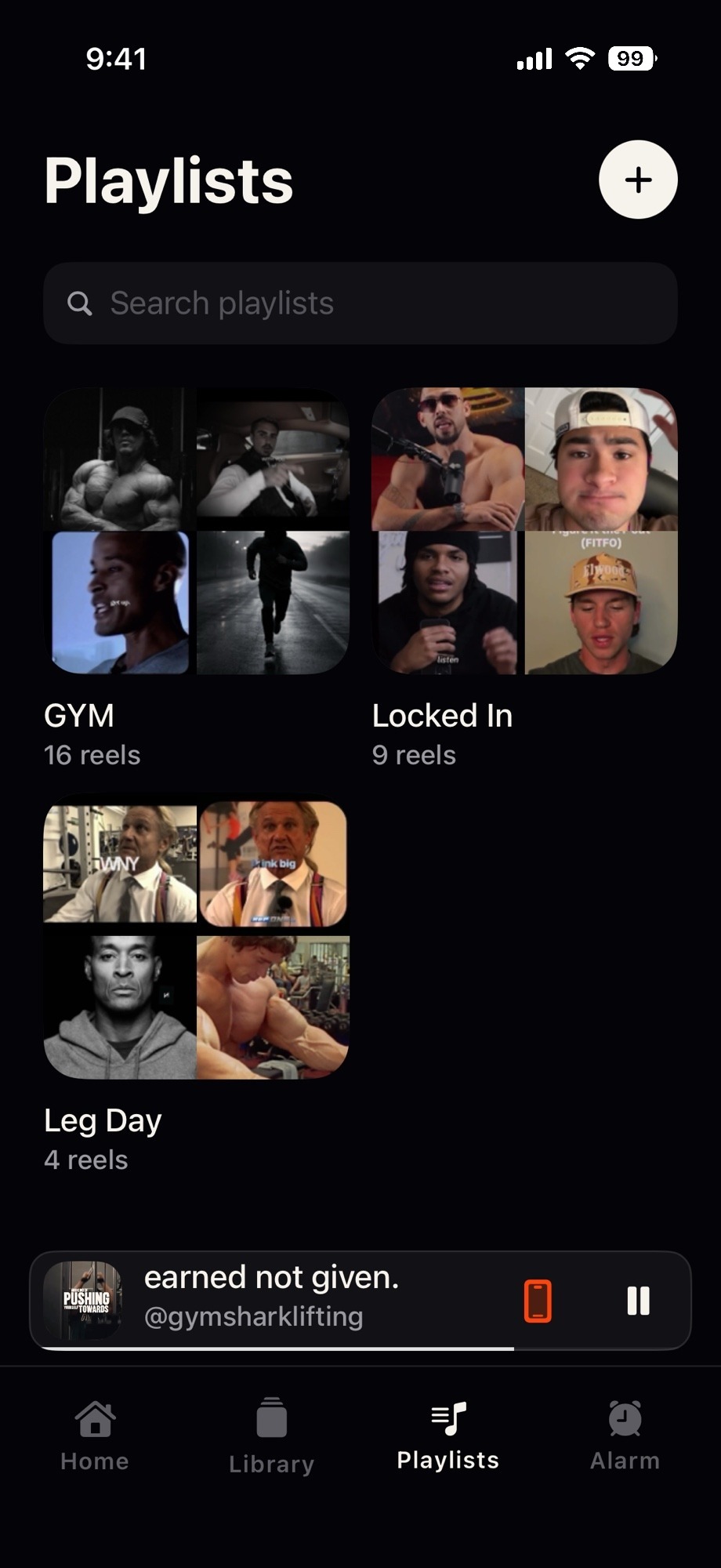 Reelign playlists screen with cover mosaics for GYM, Locked In, and Leg Day